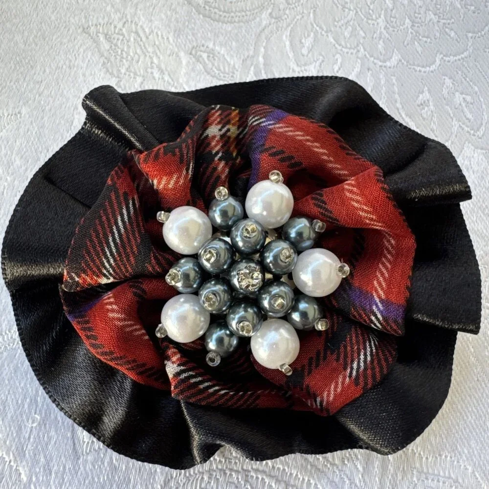 Cara Red Black Plaid Pearl Beaded Floral Hat Brooch/Hair Pin Steampunk NEW